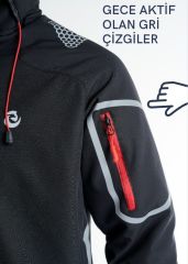 4 Cepli Kapüşonlu Double Baskılı Softshell Mont Ceket - Siyah