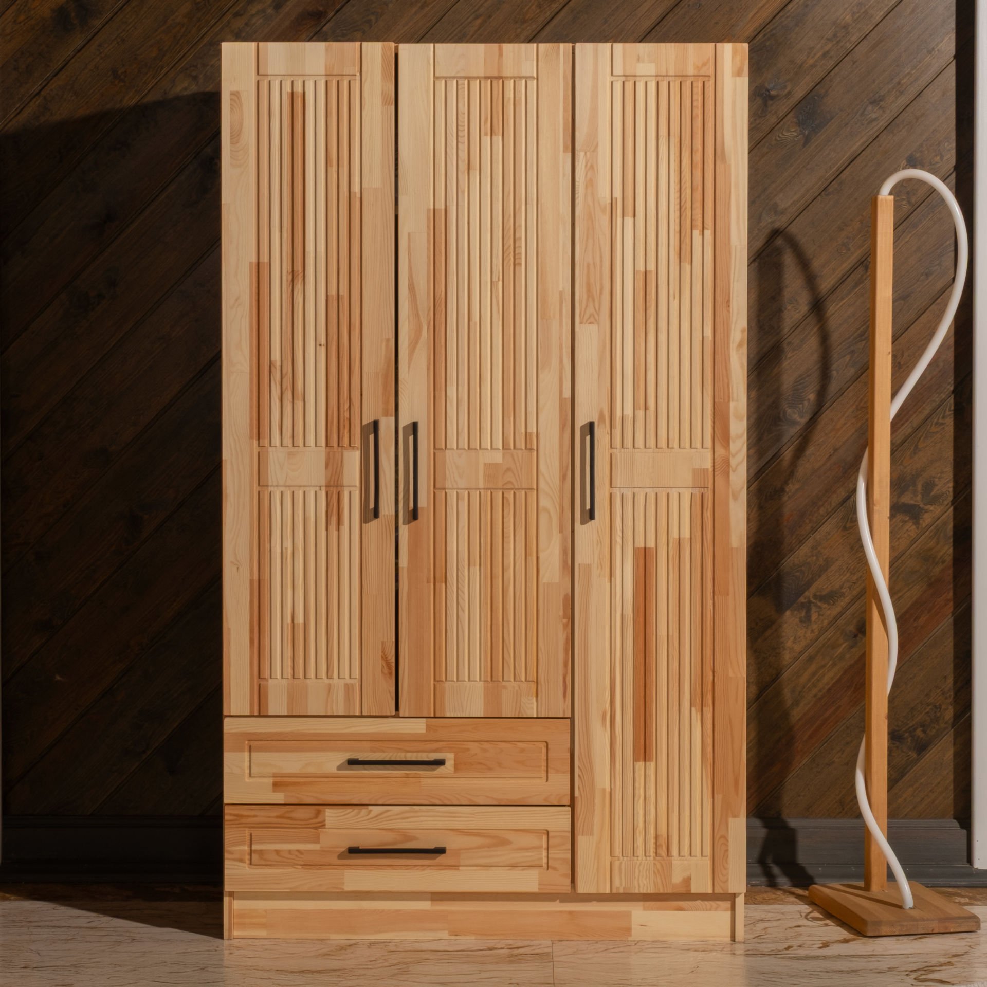 Classy 3 Kapaklı Dikey Çizgili Doğal Ahşap Gardırop