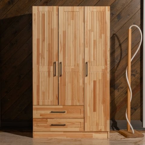 Classy 3 Kapaklı Dikey Çizgili Doğal Ahşap Gardırop