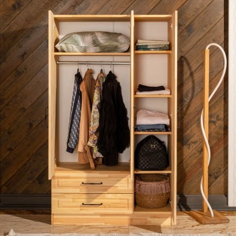 Classy 3 Kapaklı Dikey Çizgili Doğal Ahşap Gardırop