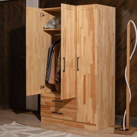 Classy 3 Kapaklı Dikey Çizgili Doğal Ahşap Gardırop