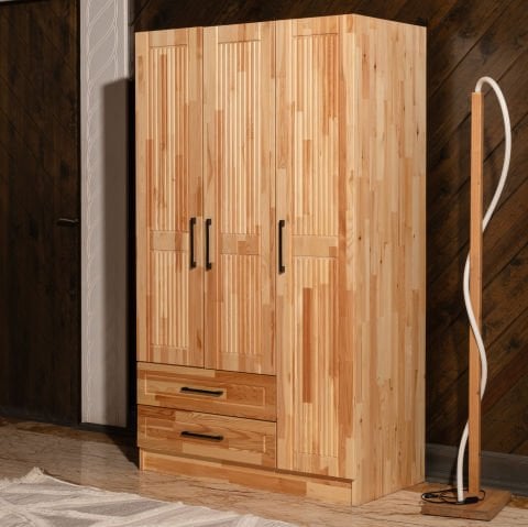 Classy 3 Kapaklı Dikey Çizgili Doğal Ahşap Gardırop