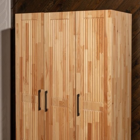 Classy 3 Kapaklı Dikey Çizgili Doğal Ahşap Gardırop