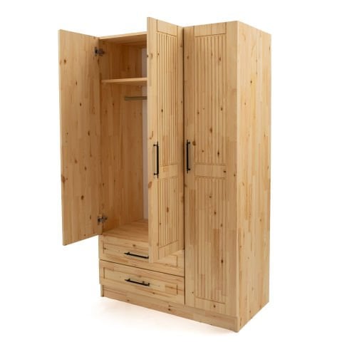 Classy 3 Kapaklı Dikey Çizgili Doğal Ahşap Gardırop