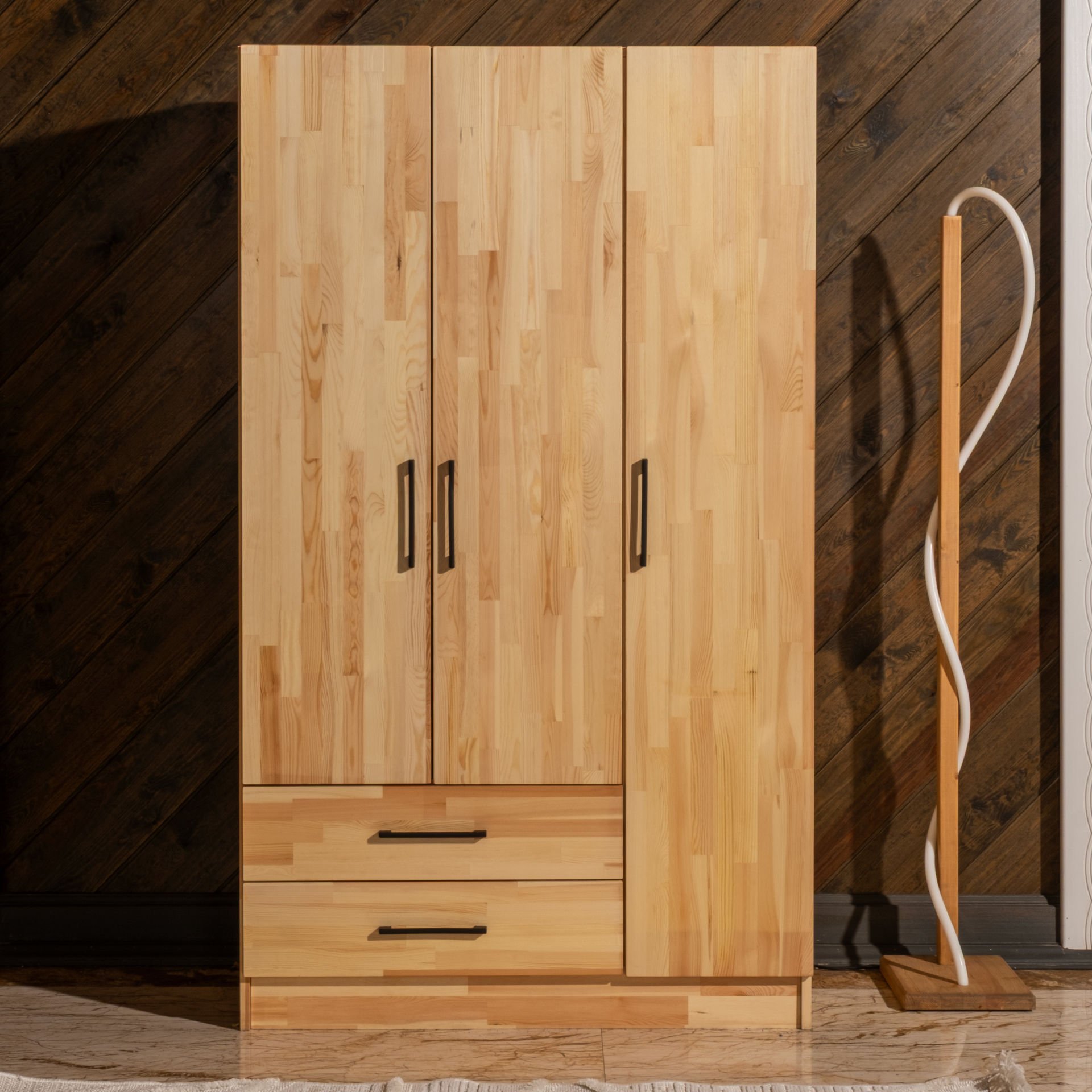 Solid 3 Kapaklı Doğal Ahşap Gardırop