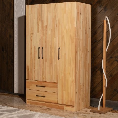 Solid 3 Kapaklı Doğal Ahşap Gardırop