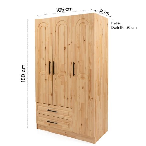 Bohem 3 Kapaklı Oval Çizgili Doğal Ahşap Gardırop