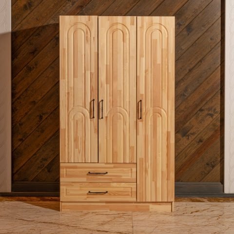 Bohem 3 Kapaklı Oval Çizgili Doğal Ahşap Gardırop