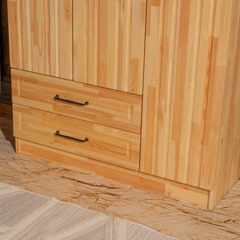 Bohem 3 Kapaklı Oval Çizgili Doğal Ahşap Gardırop