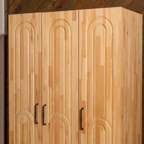 Bohem 3 Kapaklı Oval Çizgili Doğal Ahşap Gardırop