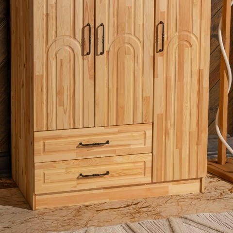 Bohem 3 Kapaklı Oval Çizgili Doğal Ahşap Gardırop