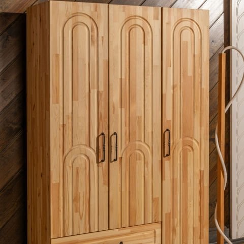 Bohem 3 Kapaklı Oval Çizgili Doğal Ahşap Gardırop