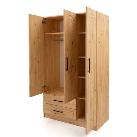 Bohem 3 Kapaklı Oval Çizgili Doğal Ahşap Gardırop