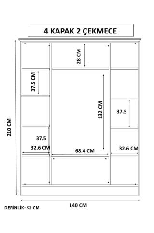 Classy 4 Kapaklı Dikey Çizgili Doğal Ahşap Gardırop