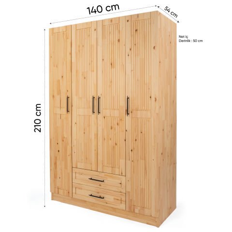 Classy 4 Kapaklı Dikey Çizgili Doğal Ahşap Gardırop