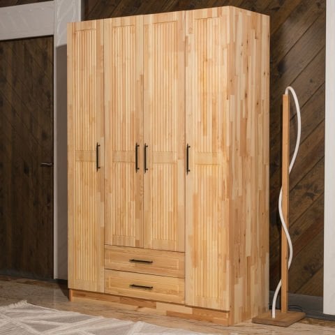 Classy 4 Kapaklı Dikey Çizgili Doğal Ahşap Gardırop