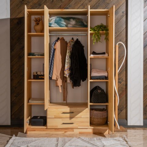 Solid 4 Kapaklı Doğal Ahşap Gardırop