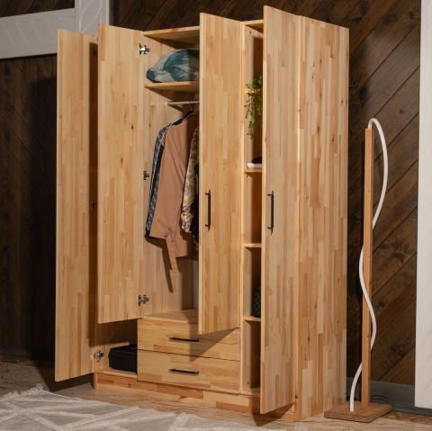 Solid 4 Kapaklı Doğal Ahşap Gardırop