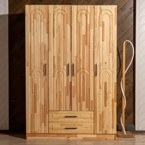 Bohem 4 Kapaklı Oval Çizgili Doğal Ahşap Gardırop