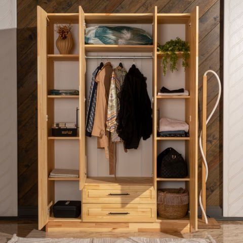 Bohem 4 Kapaklı Oval Çizgili Doğal Ahşap Gardırop