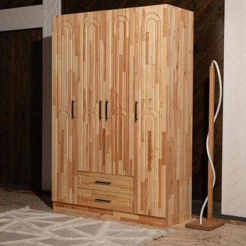 Bohem 4 Kapaklı Oval Çizgili Doğal Ahşap Gardırop
