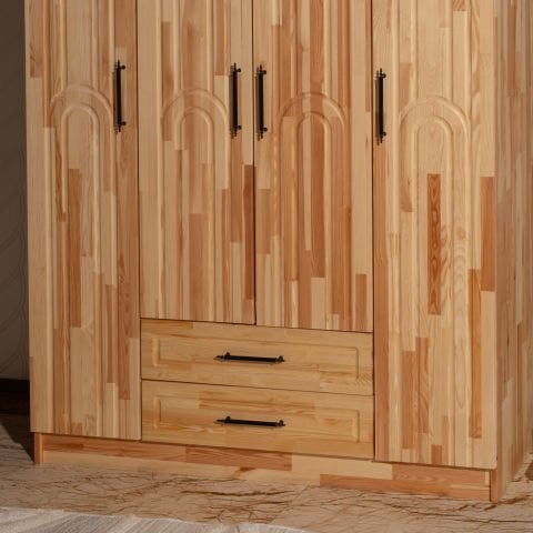 Bohem 4 Kapaklı Oval Çizgili Doğal Ahşap Gardırop