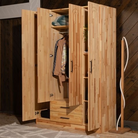 Bohem 4 Kapaklı Oval Çizgili Doğal Ahşap Gardırop