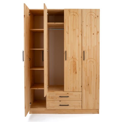 Bohem 4 Kapaklı Oval Çizgili Doğal Ahşap Gardırop