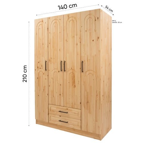 Bohem 4 Kapaklı Oval Çizgili Doğal Ahşap Gardırop