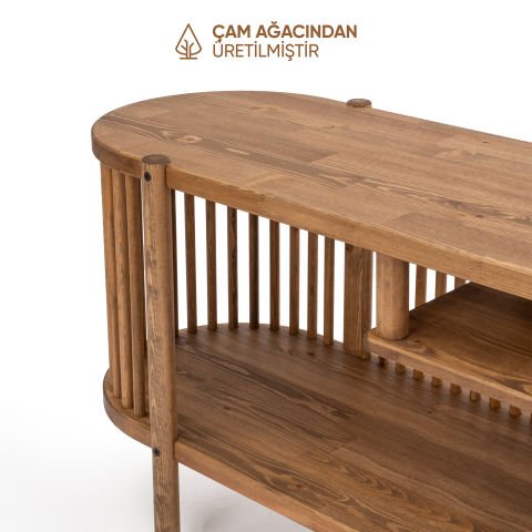 Lathe Açık Raflı Ahşap TV Ünitesi 173×57×39 cm | Masif Çam Koyu Ceviz - 173x57x39