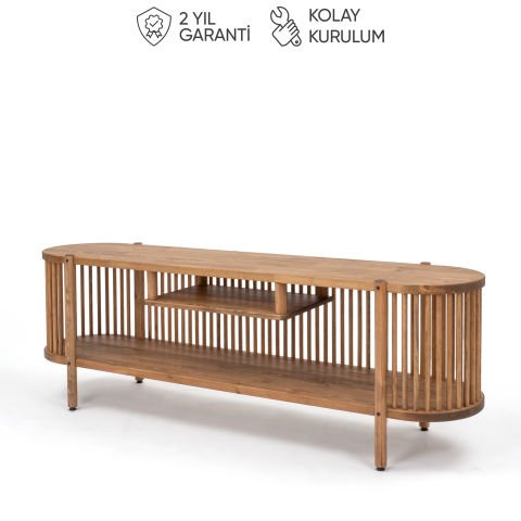Lathe Açık Raflı Ahşap TV Ünitesi 173×57×39 cm | Masif Çam Koyu Ceviz - 173x57x39