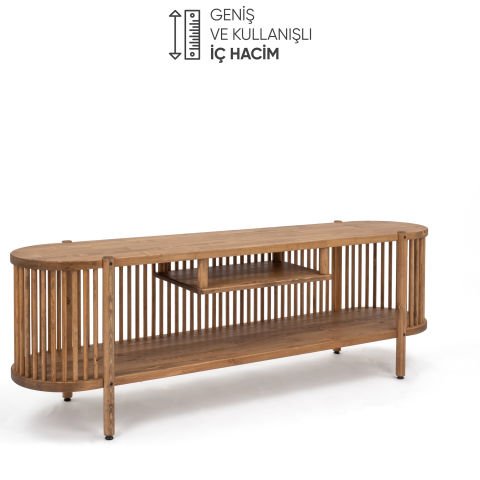 Lathe Açık Raflı Ahşap TV Ünitesi 173×57×39 cm | Masif Çam Koyu Ceviz - 173x57x39
