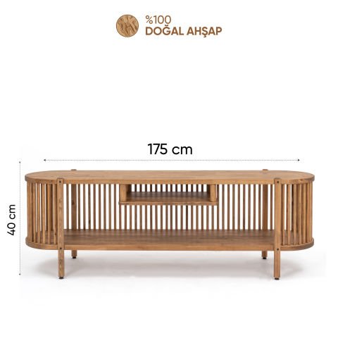Lathe Açık Raflı Ahşap TV Ünitesi 173×57×39 cm | Masif Çam Koyu Ceviz - 173x57x39