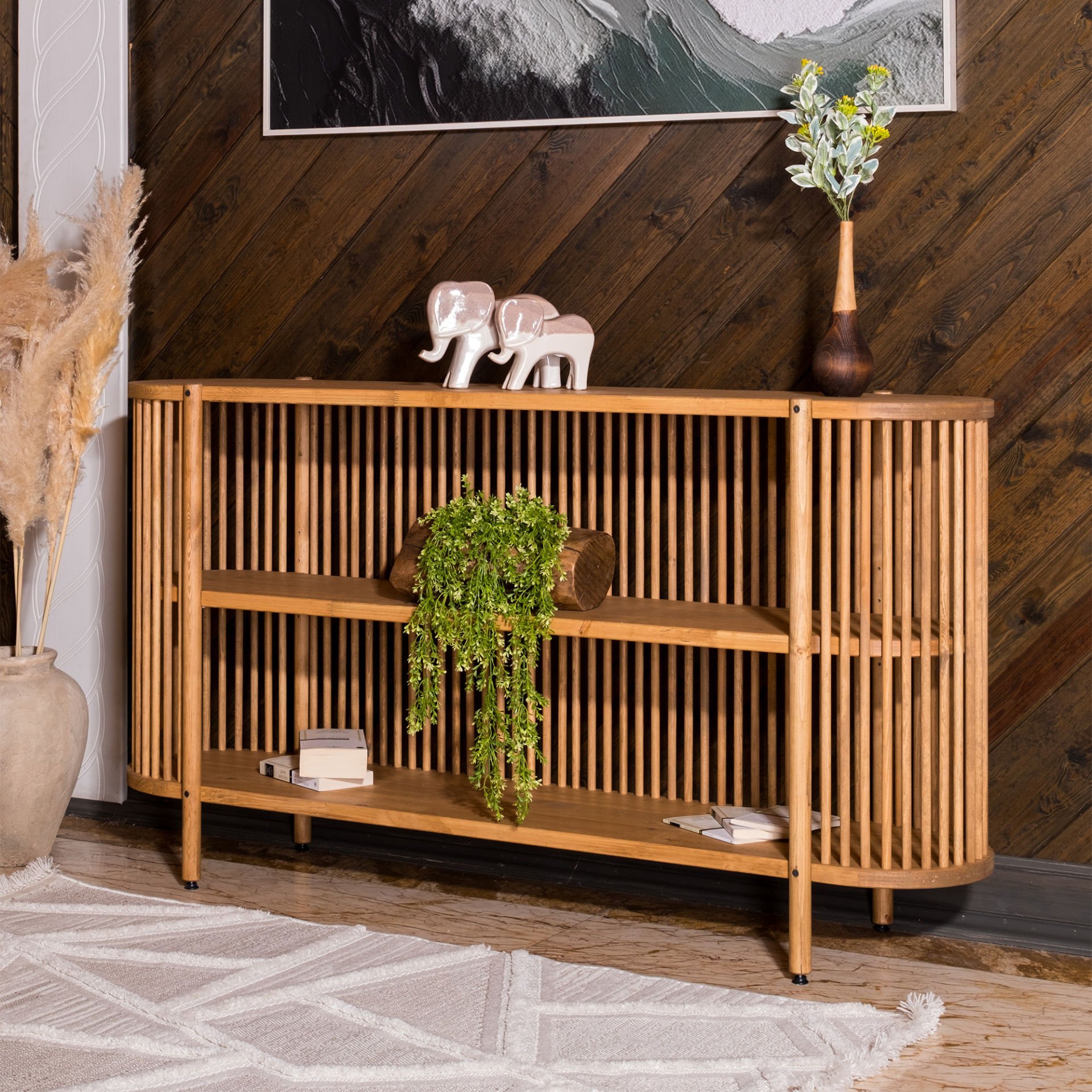 Lathe Açık Raflı Doğal Ahşap Konsol 175×95×39 cm | Masif Çam