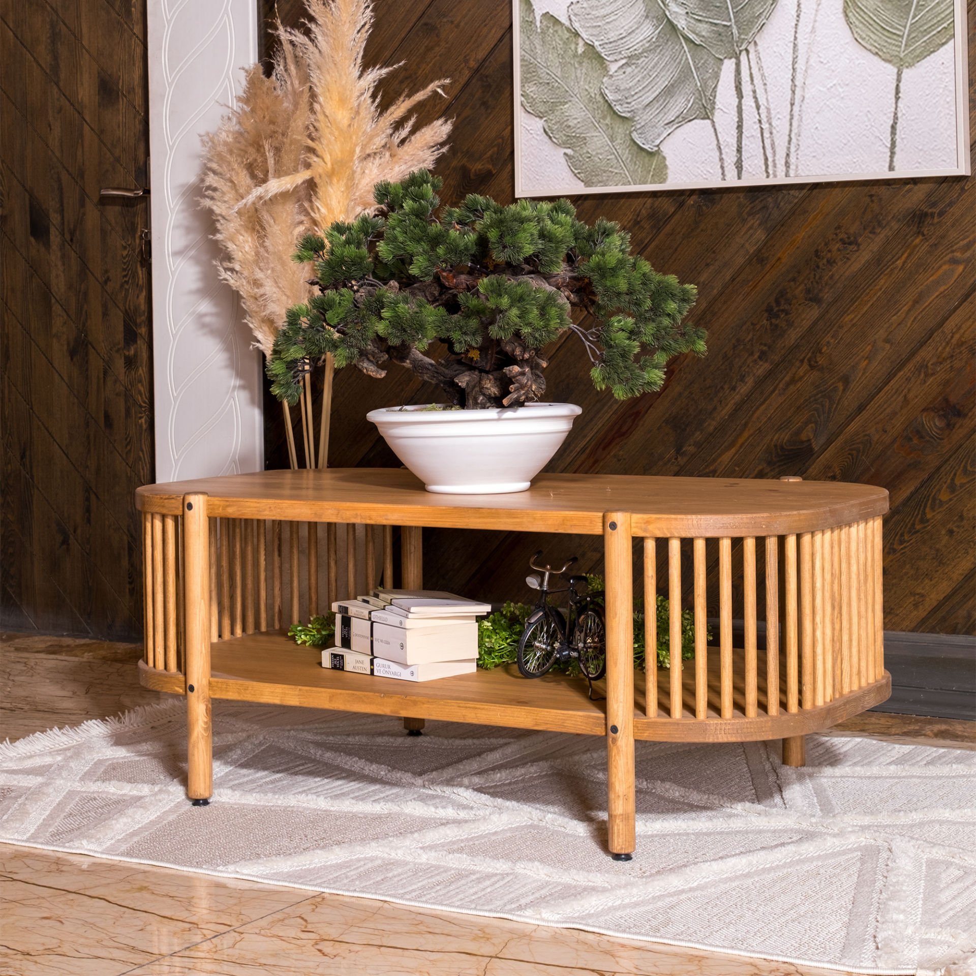 Lathe Doğal Ahşap Orta Sehpa 114×45×60 cm | Oval Çıtalı Modern