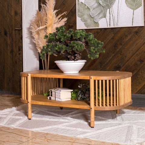 Lathe Doğal Ahşap Orta Sehpa 114×45×60 cm | Oval Çıtalı Modern