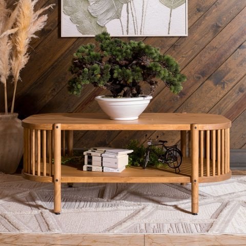 Lathe Doğal Ahşap Orta Sehpa 114×45×60 cm | Oval Çıtalı Modern