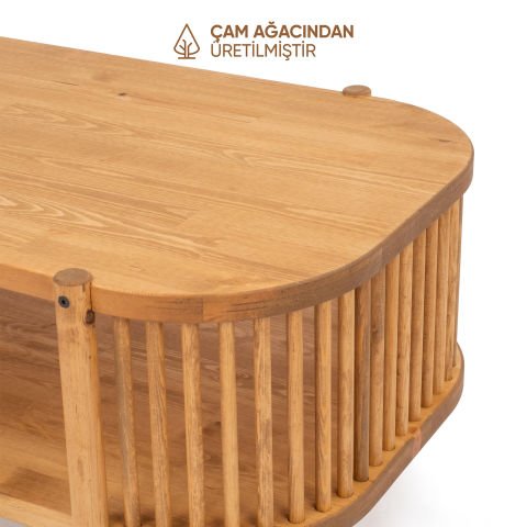 Lathe Doğal Ahşap Orta Sehpa 114×45×60 cm | Oval Çıtalı Modern