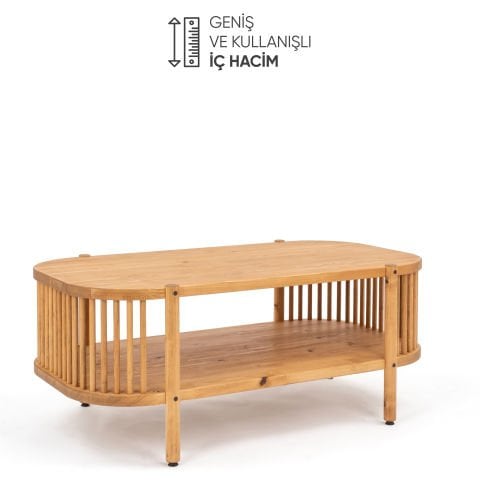 Lathe Doğal Ahşap Orta Sehpa 114×45×60 cm | Oval Çıtalı Modern