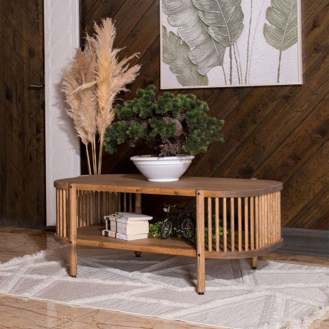 Lathe Doğal Ahşap Orta Sehpa 114×45×60 cm | Oval Çıtalı Modern Koyu Ceviz - 114x45x60