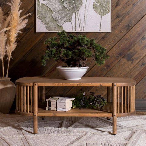 Lathe Doğal Ahşap Orta Sehpa 114×45×60 cm | Oval Çıtalı Modern Koyu Ceviz - 114x45x60