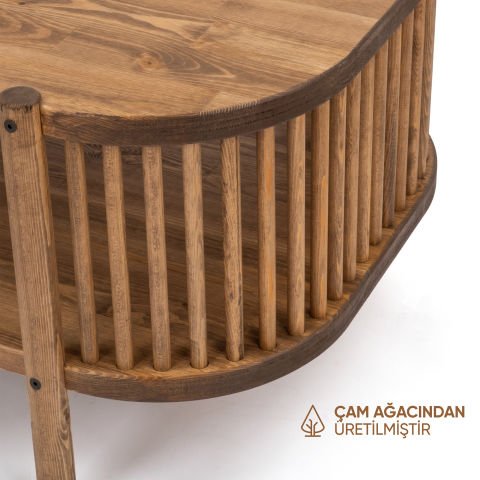 Lathe Doğal Ahşap Orta Sehpa 114×45×60 cm | Oval Çıtalı Modern Koyu Ceviz - 114x45x60