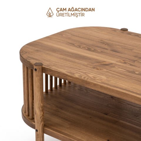 Lathe Doğal Ahşap Orta Sehpa 114×45×60 cm | Oval Çıtalı Modern Koyu Ceviz - 114x45x60