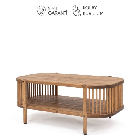 Lathe Doğal Ahşap Orta Sehpa 114×45×60 cm | Oval Çıtalı Modern Koyu Ceviz - 114x45x60