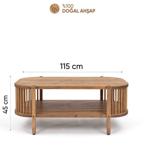 Lathe Doğal Ahşap Orta Sehpa 114×45×60 cm | Oval Çıtalı Modern Koyu Ceviz - 114x45x60