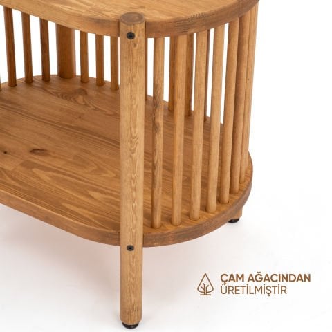 Lathe Doğal Ahşap Yan Sehpa 57×57×39 cm | Oval Çıtalı Modern
