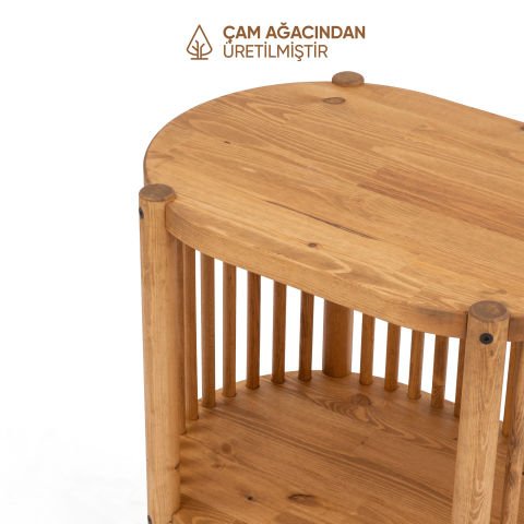 Lathe Doğal Ahşap Yan Sehpa 57×57×39 cm | Oval Çıtalı Modern