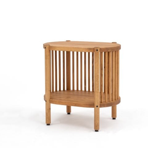 Lathe Doğal Ahşap Yan Sehpa 57×57×39 cm | Oval Çıtalı Modern