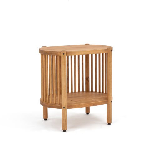 Lathe Doğal Ahşap Yan Sehpa 57×57×39 cm | Oval Çıtalı Modern