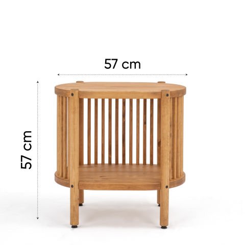Lathe Doğal Ahşap Yan Sehpa 57×57×39 cm | Oval Çıtalı Modern